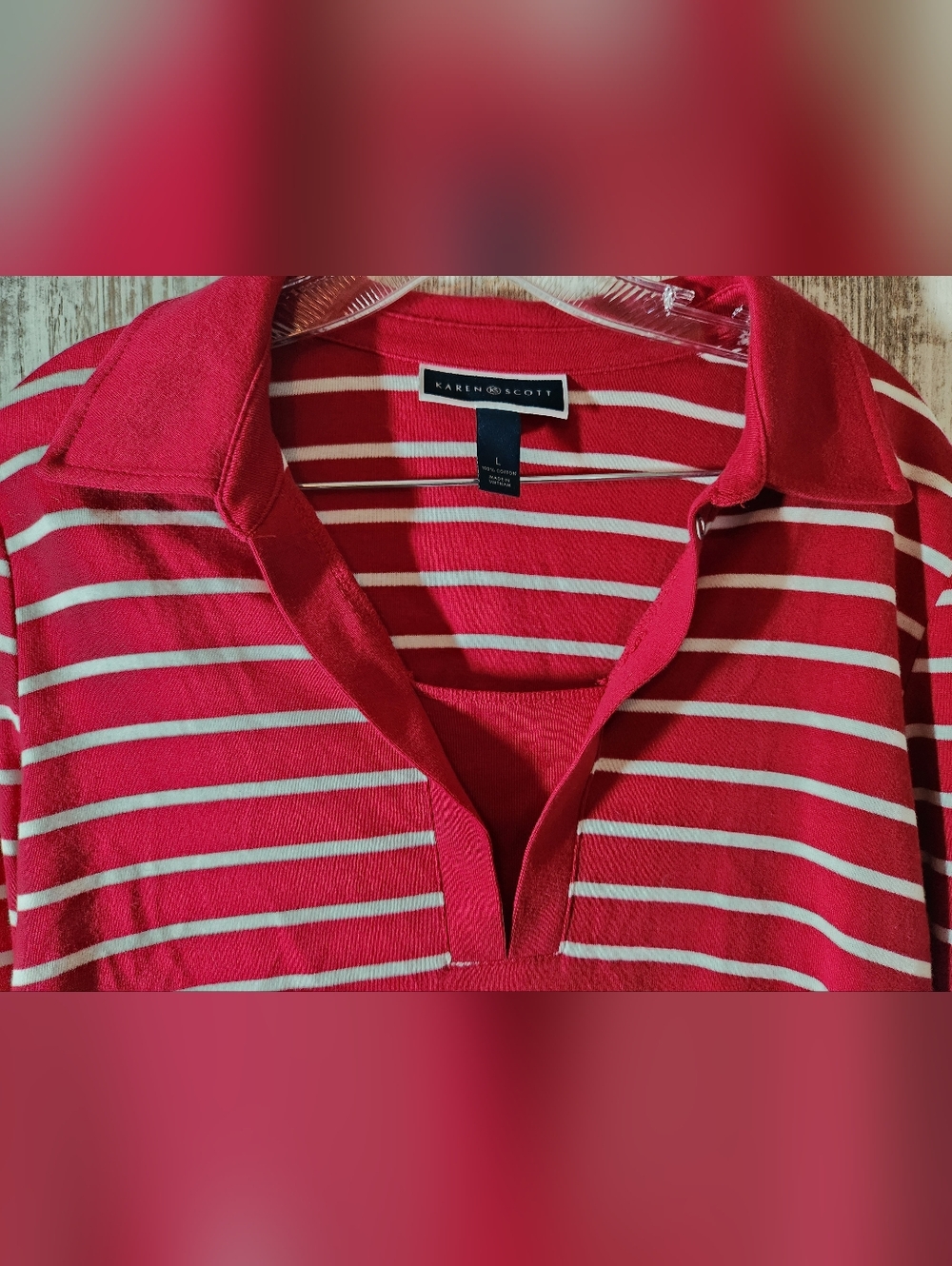 Karen Scott Red and White Striped Long Sleeve Nautical Vibes Polo Top Size L - Picture 2 of 6